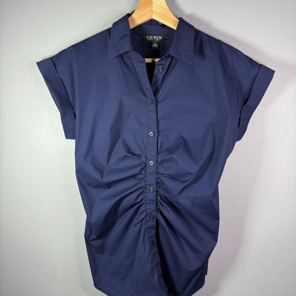 Lauren Ralph Lauren Navy Ruched Button Down Cap Sleeve Shirt Blouse Size 2